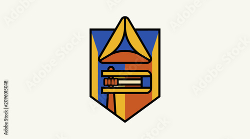 Photos A colorful graphic emblem featuring a traditional hamantaschen pastry and a wood