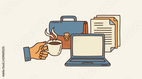 Εκτύπωση καμβά Coffee break during a productive workday with laptop and essential documents