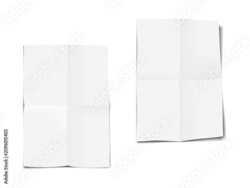 Cross fold leaflet. French fold brochure. Vector 3d mock-up. White blank quarter folded paper sheet front, back layout. Realistic mockup. Template for design