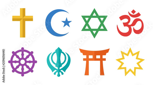 Tableau sur toile Set of colorful religious symbols representing major world faiths on a white bac