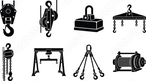 Bild auf Leinwand Industrial lifting equipment silhouettes set featuring crane hooks hoists winche