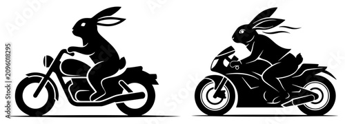 Fotografi Rabbit riding classic cruiser motorcycle and sport bike in funny vector style