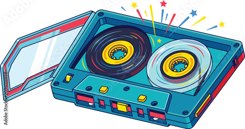 Bild auf Leinwand Retro cassette tape vector illustration with spinning vinyl records and stars on