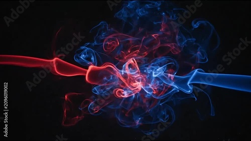 Abstract red and blue smoke streams colliding on a black background