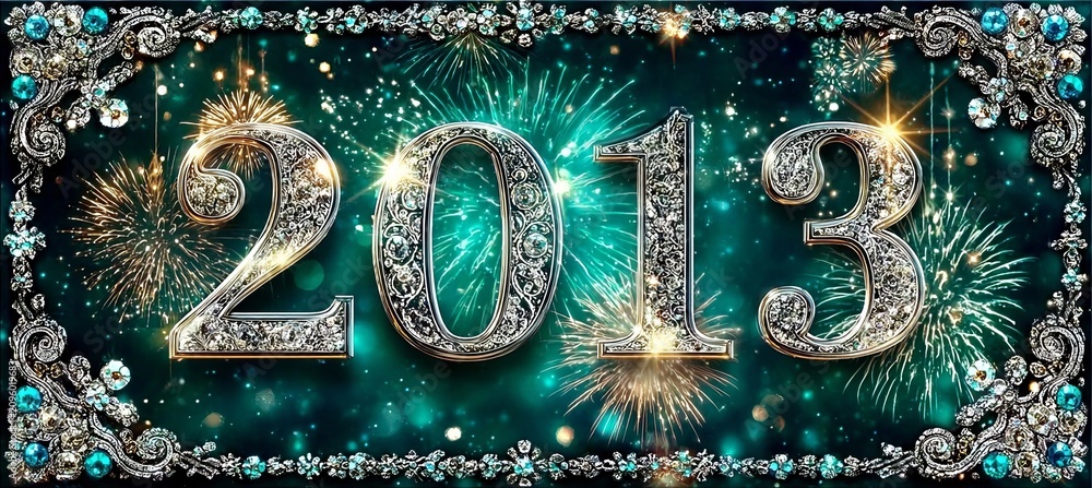 Fototapeta premium Captivating Silver Jeweled Numerals 2013 Set Against A Dazzling Emerald Green Fireworks Display
