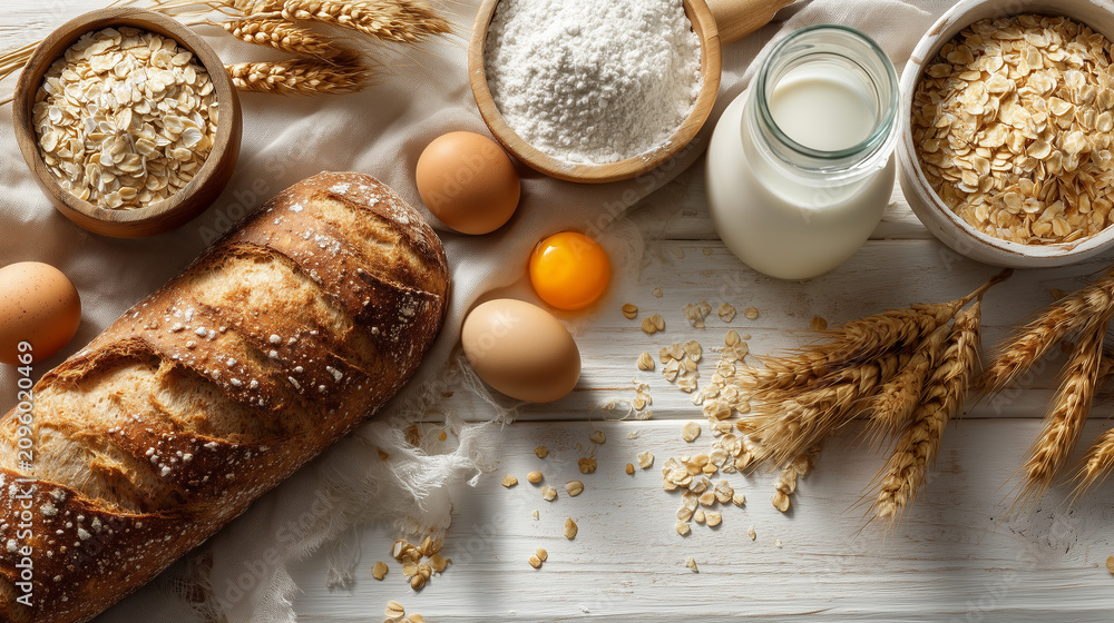 Fototapeta premium Rustic arrangement of whole grain baking ingredients including bread, oats, flour, milk, eggs and wheat on a white wooden table. Healthy breakfast and homemade baking concept with copy space.