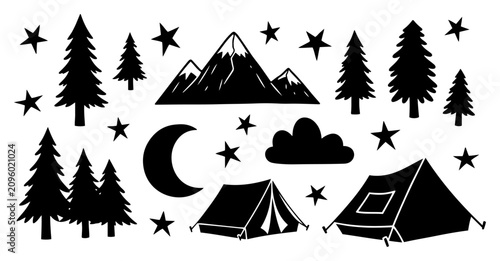 Bild auf Leinwand Camping and outdoor adventure icons set featuring mountains tents and pine trees