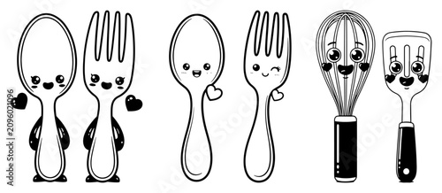Cuadro en lienzo Cute kitchen utensil characters with kawaii faces including spoon fork whisk and