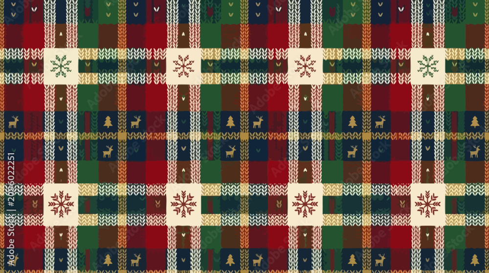 Fototapeta premium Cozy festive plaid knit pattern with holiday motifs for winter