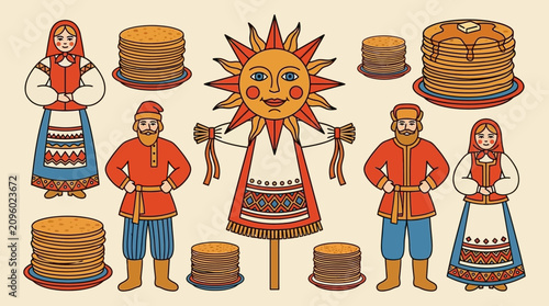 фотографія Traditional Russian Maslenitsa festival with folk characters, sun effigy and pan