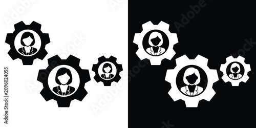 Schilderij op canvas Female corporate employee icons inside integrated rotating gear cogs