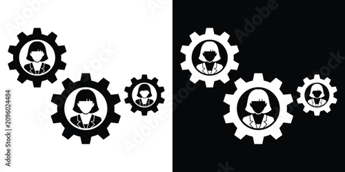 Εκτύπωση καμβά Female corporate employee icons inside integrated rotating gear cogs