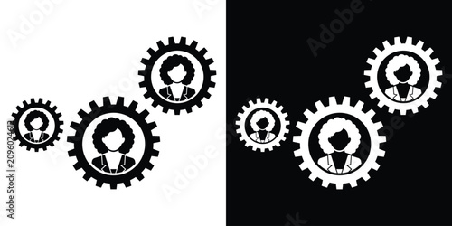 Fotografía Female corporate employee icons inside integrated rotating gear cogs
