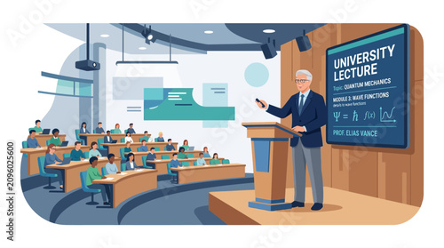Professor giving a lecture in a large university auditorium.