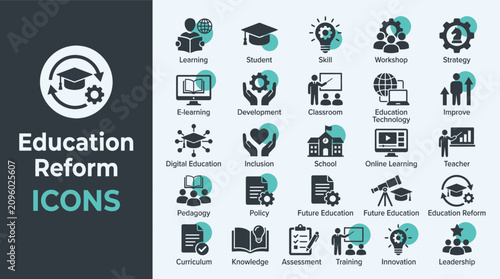 Set of education reform icons featuring academic symbols and modern school learning concepts for digital classroom study and teaching improvement designs