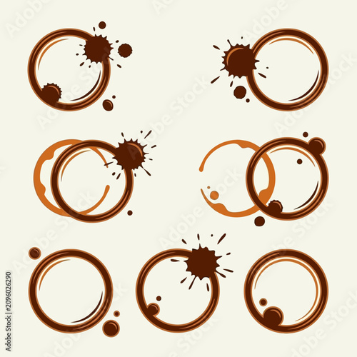 Canvas Print Collection of brown coffee cup stain rings and splatters on a light background