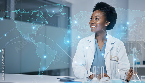 Young black female scientist in white lab coat analyzing global network hologram woman laboratory