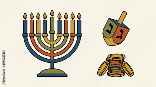 Foto A colorful menorah with a spinning dreidel and gold coins for Hanukkah celebrati