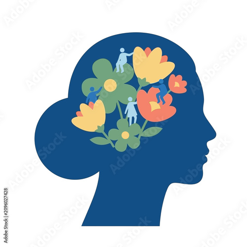 Cuadro en lienzo Concept of mental health and growth with flowers inside a female silhouette