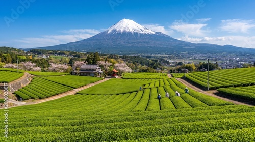 Fuji Mountain and Green Tea Plantation at Fujinomiya, Shizuoka, Japan