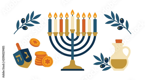 Slika na platnu Hanukkah celebration items featuring a menorah, dreidel, gelt and olive oil