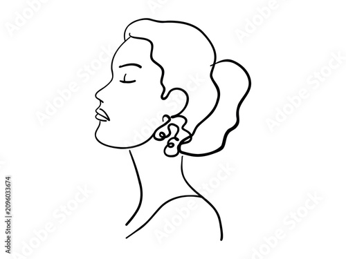 Continuous one line drawing of woman with closed eyes and earrings in black outline, side profile. concept of simplicity, elegance, minimalism, female beauty, art, fashion, hand drawn art of girl