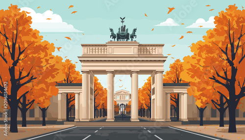 Fotografie The iconic Brandenburg Gate in Berlin, Germany, stands majestically amidst a vibrant autumn landscape with falling leaves and colorful trees