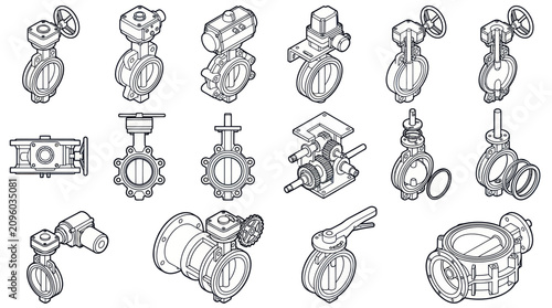 Detailed technical drawings of various butterfly valves and their components.