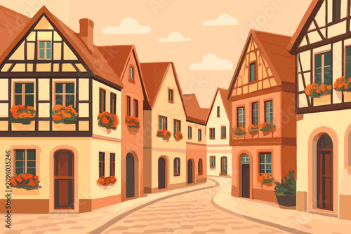Foto A picturesque street scene featuring traditional European half-timbered houses with flower boxes along a winding cobblestone path under a warm sky