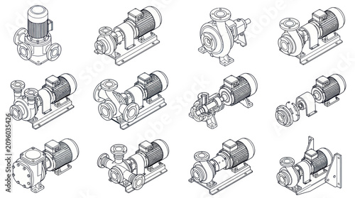 Detailed technical drawings of various industrial centrifugal pumps for fluid transfer applications.
