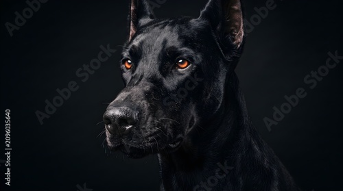Doberman pinscher with intense glowing copper eyes. Fierce guard dog staring aggressively in low light