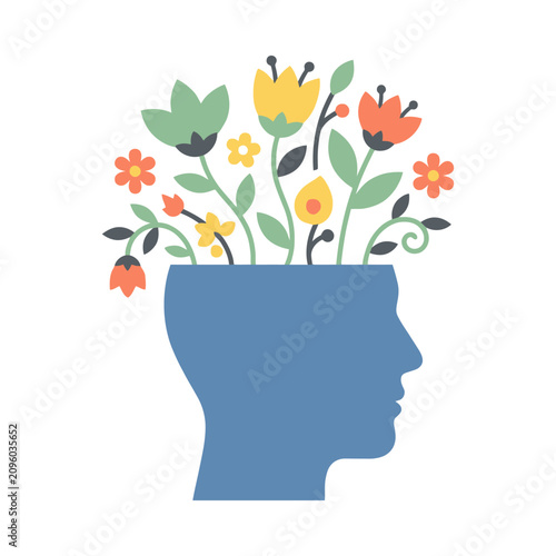 Фотография Vector illustration of a human head profile with colorful flowers growing from i