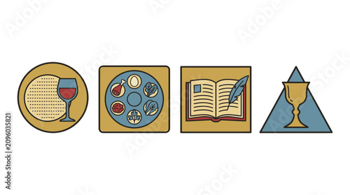 Fotografía Four illustrated icons depicting traditional Passover Seder symbols and ritual i