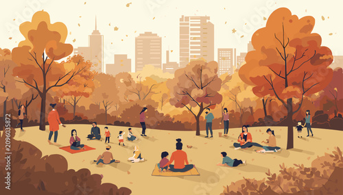 Фотография A vibrant autumn park scene with numerous people enjoying leisure activities amidst colorful trees and a city skyline in the background