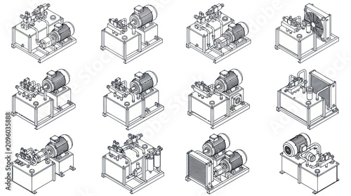 Foto Detailed technical drawings of various industrial hydraulic power units