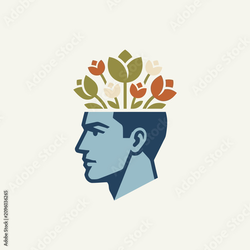 Картината върху платно Conceptual illustration of a male head profile with blooming flowers