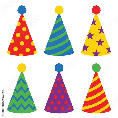 Tableau sur toile Assortment of cheerful party hats with different patterns and pom-poms