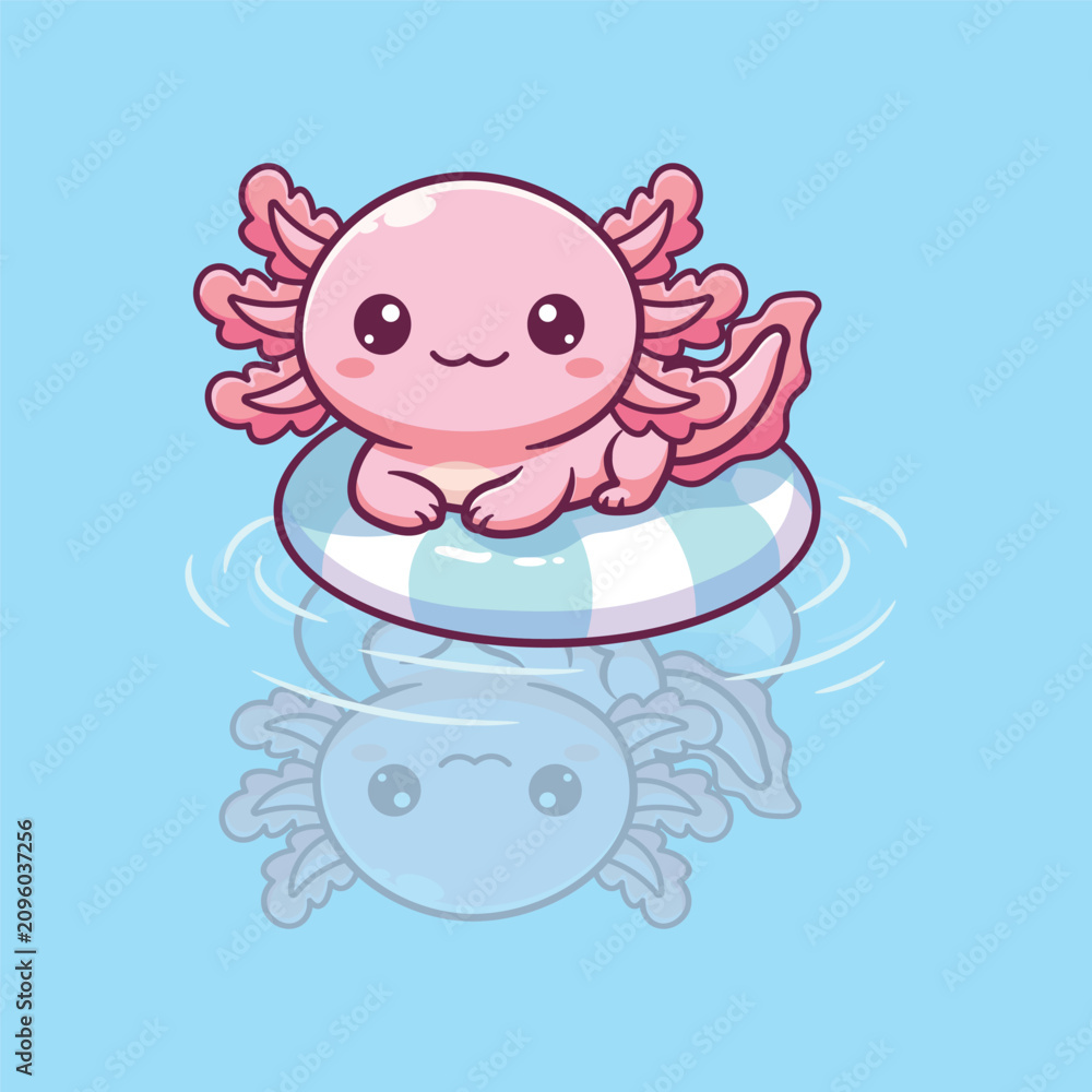 Fototapeta premium Cartoon Vector Illustration of an Axolotl Floating on a Swim Ring