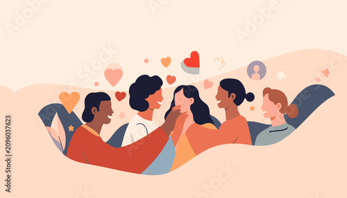 Fotografija Diverse women connecting and supporting each other within a nurturing hand, surrounded by hearts and social media icons, symbolizing community and friendship
