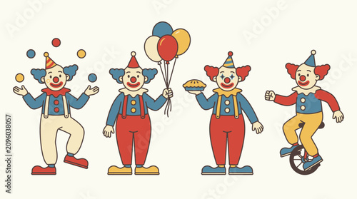 Tablou pe pânză Four whimsical circus clowns performing various fun acts