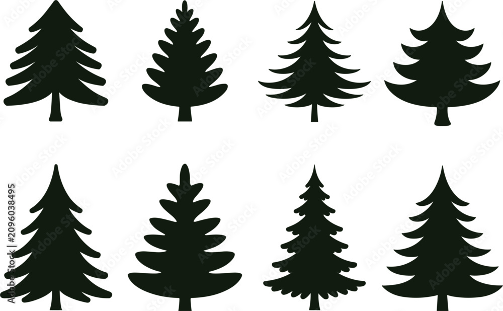 Obraz premium Evergreen pine tree silhouette collection, forest nature vector illustration isolated conifer icon set design pack