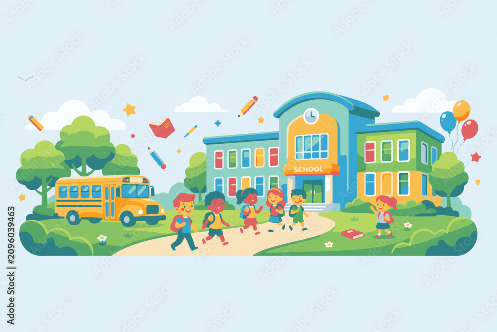 Naklejka premium Elementary school building banner design with happy students kids cartoon characters and yellow bus
