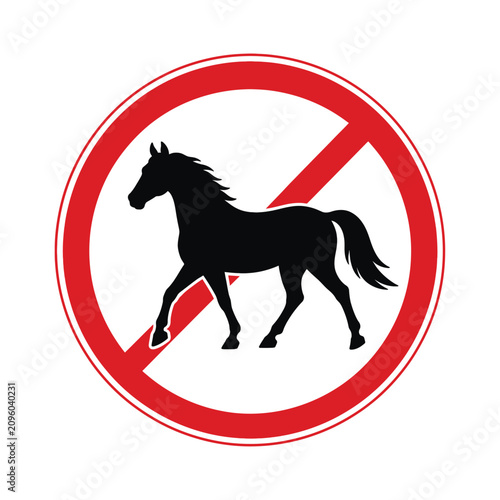 Canvastavla A red circular prohibition sign with a diagonal line over a black silhouette of a walking horse, indicating no horses allowed