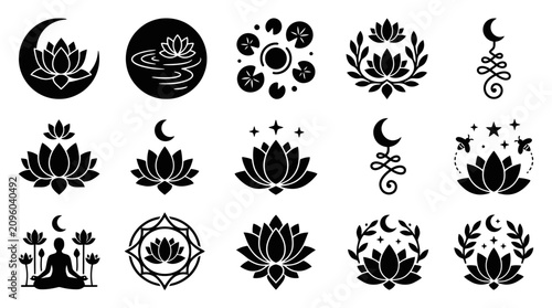 Obraz na płótnie Collection of Black Lotus Flower and Moon Symbols for Spiritual and Meditative Designs