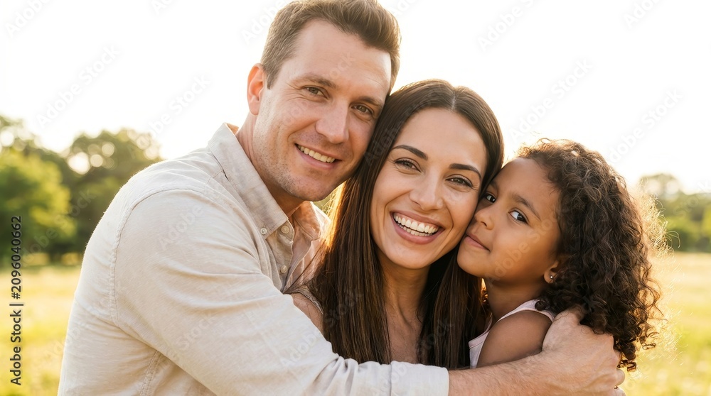 Fototapeta premium Happy Young Family Smiling and Hugging Outdoors in Sunny Park