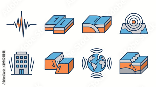 Картината върху платно Earthquake diagrams illustrate tectonic plate movements and seismic activity affecting buildings and the planet