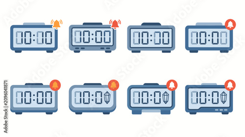 Digital alarm clocks display various notification settings and alert configurations for time management applications.
