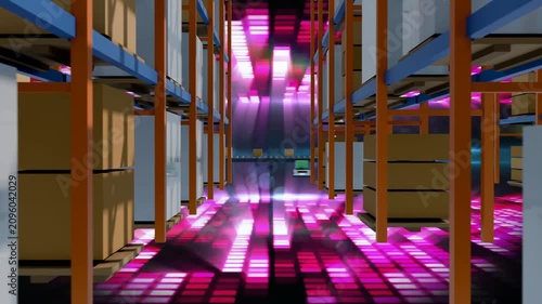 Pulsing magenta floor lighting revealing AGV moving down aisle toward conveyor to deliver packages