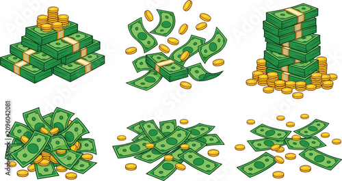 Foto Set of cartoon money stacks featuring green dollar banknotes and shiny gold coin