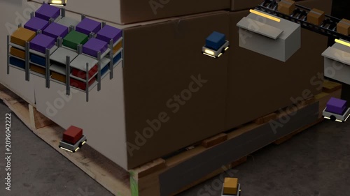 Viewpoint shifting closer, robots circling pallet edge and pausing at conveyor and bins for sorting